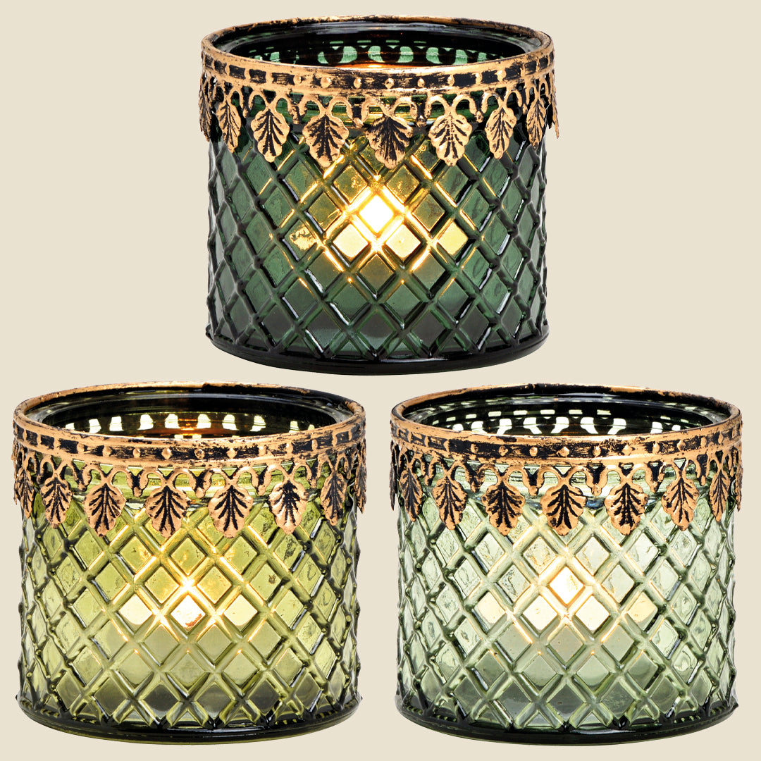 Juego de 3 porta velas grabados mil verdes