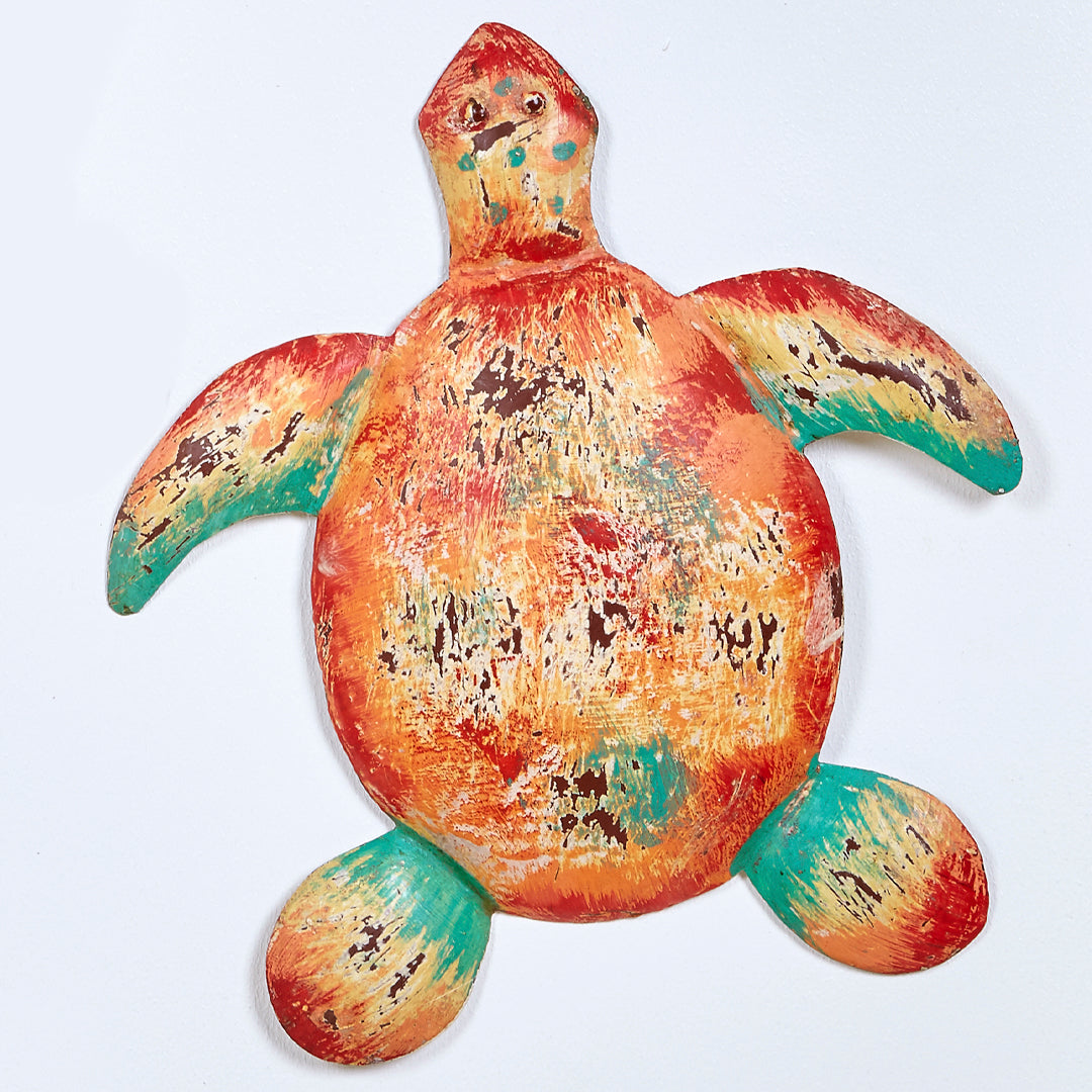 Tortuga pared deco de metal en naranja y turquesa efecto vintage