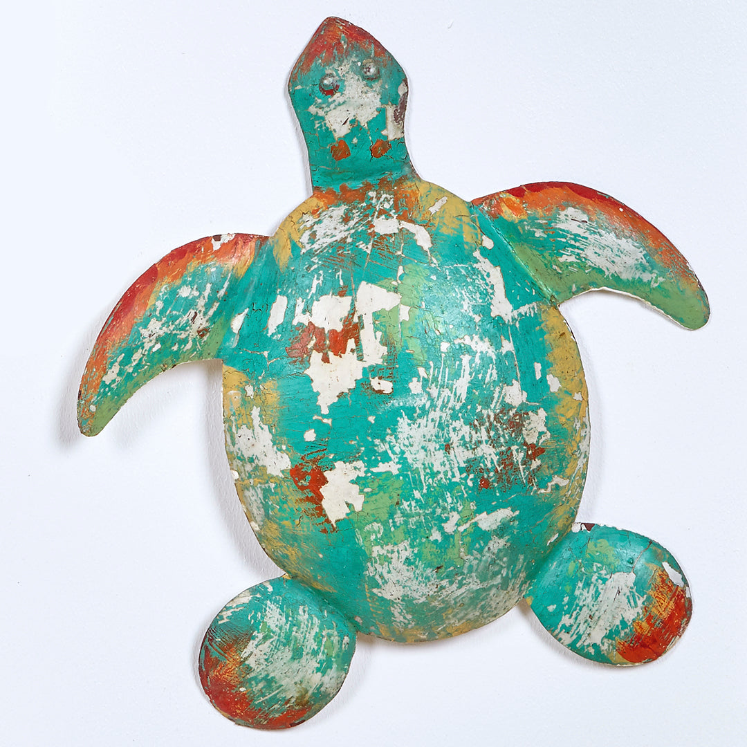 Tortuga pared deco de metal en naranja y turquesa efecto vintage