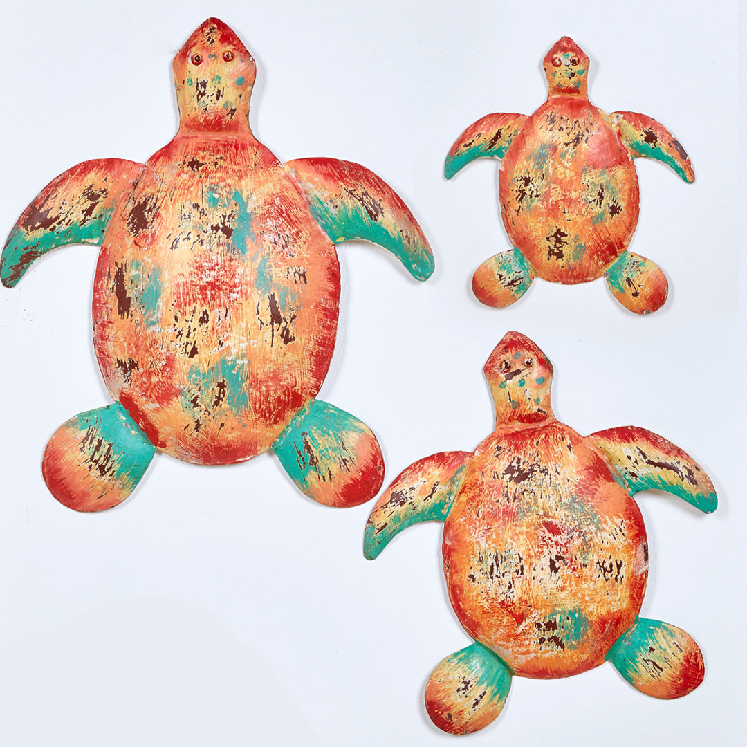 Tortuga pared deco de metal en naranja y turquesa efecto vintage