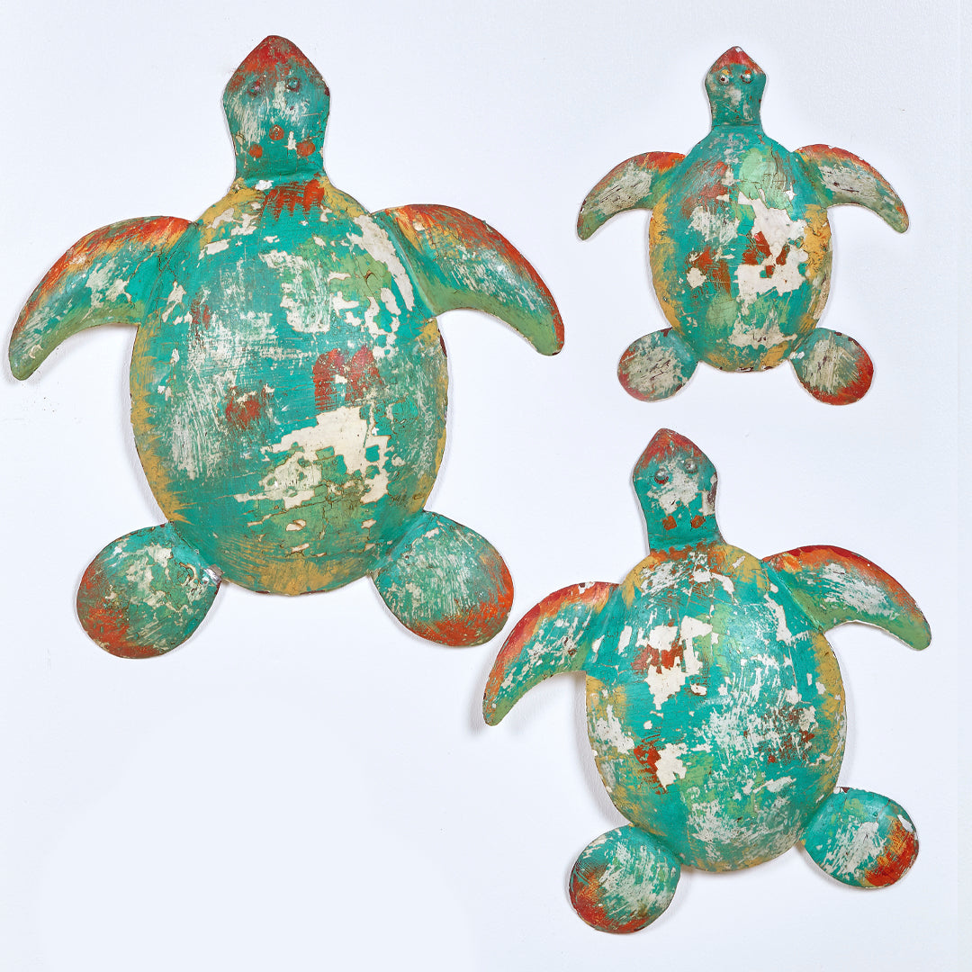 Tortuga pared deco de metal en naranja y turquesa efecto vintage