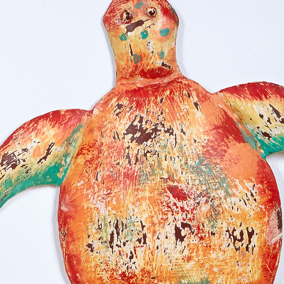 Tortuga pared deco de metal en naranja y turquesa efecto vintage