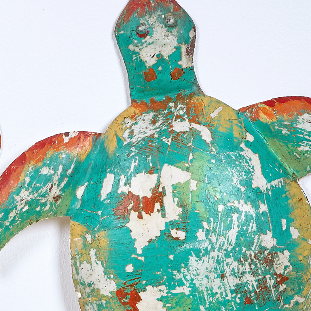 Tortuga pared deco de metal en naranja y turquesa efecto vintage