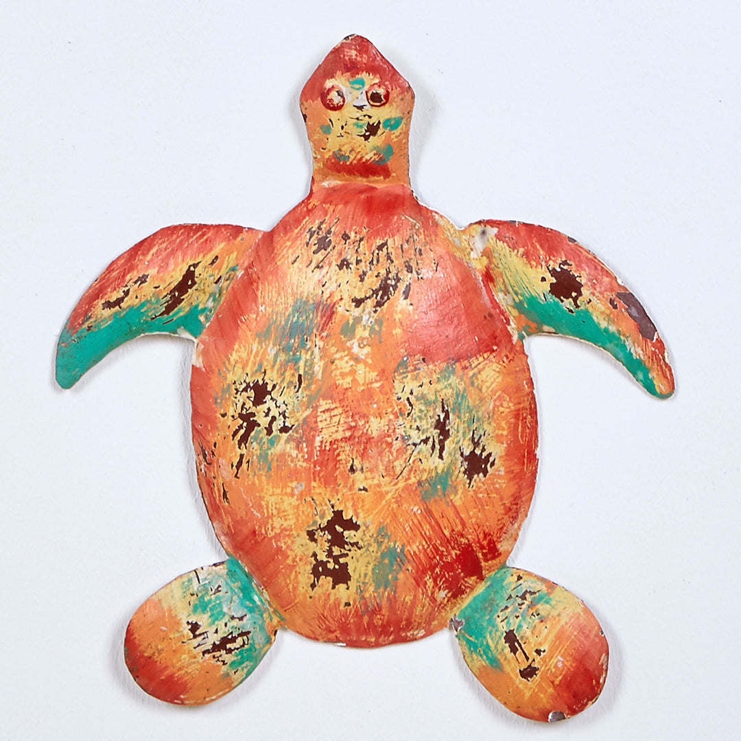 Tortuga pared de metal en naranja y turquesa efecto vintage