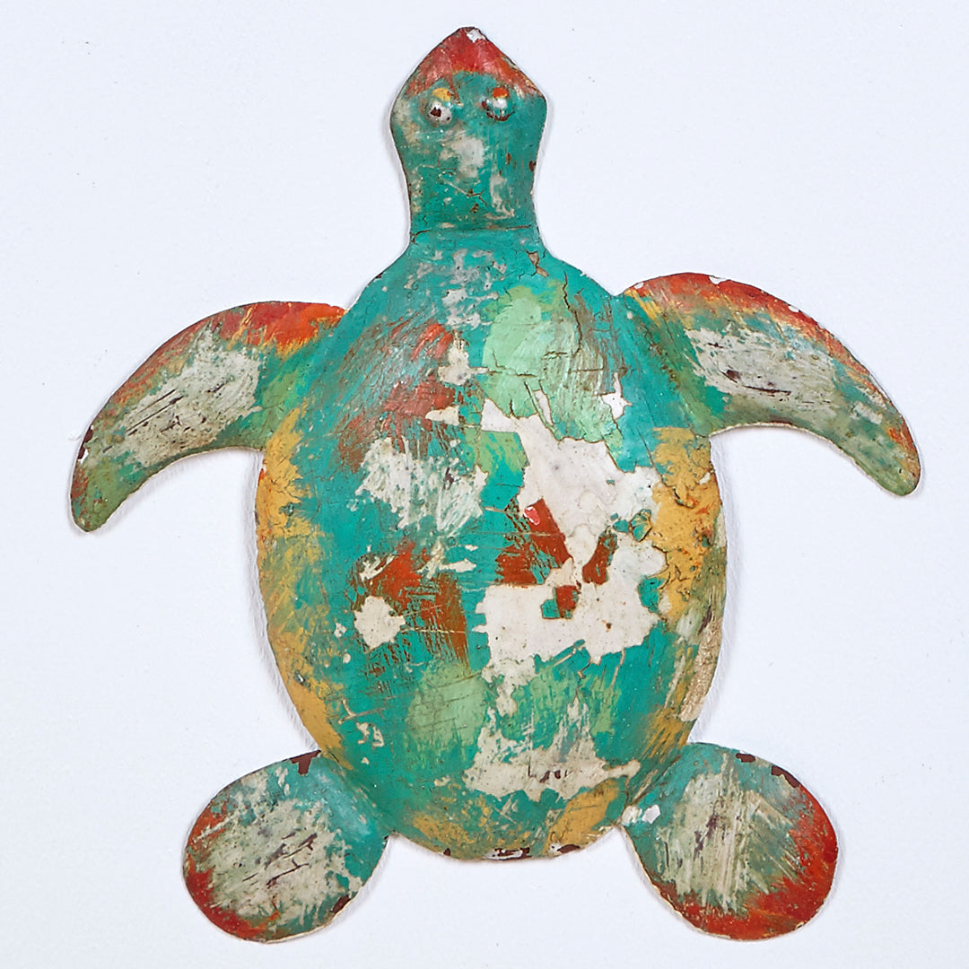Tortuga pared de metal en naranja y turquesa efecto vintage