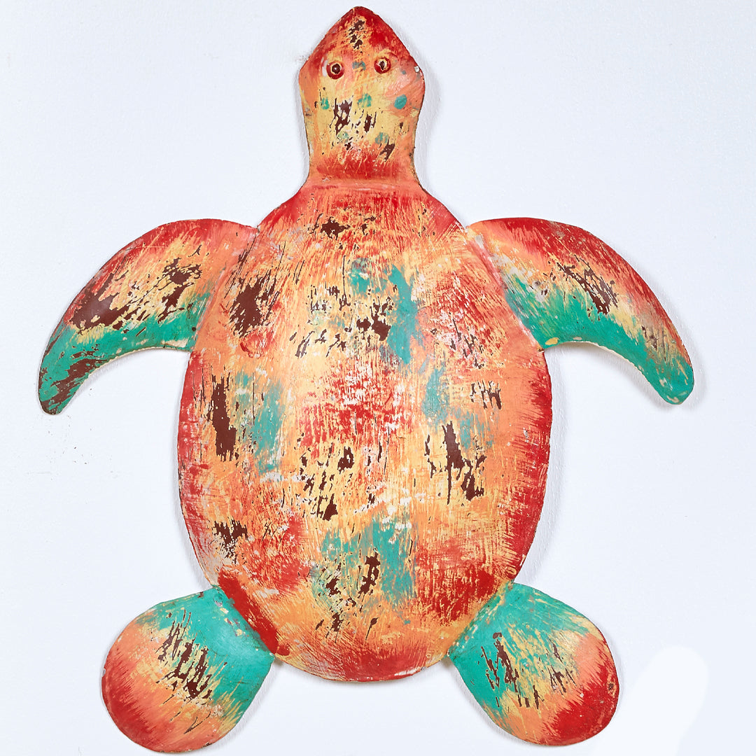 Tortuga de pared decoración de metal en naranja y turquesa efecto vintage