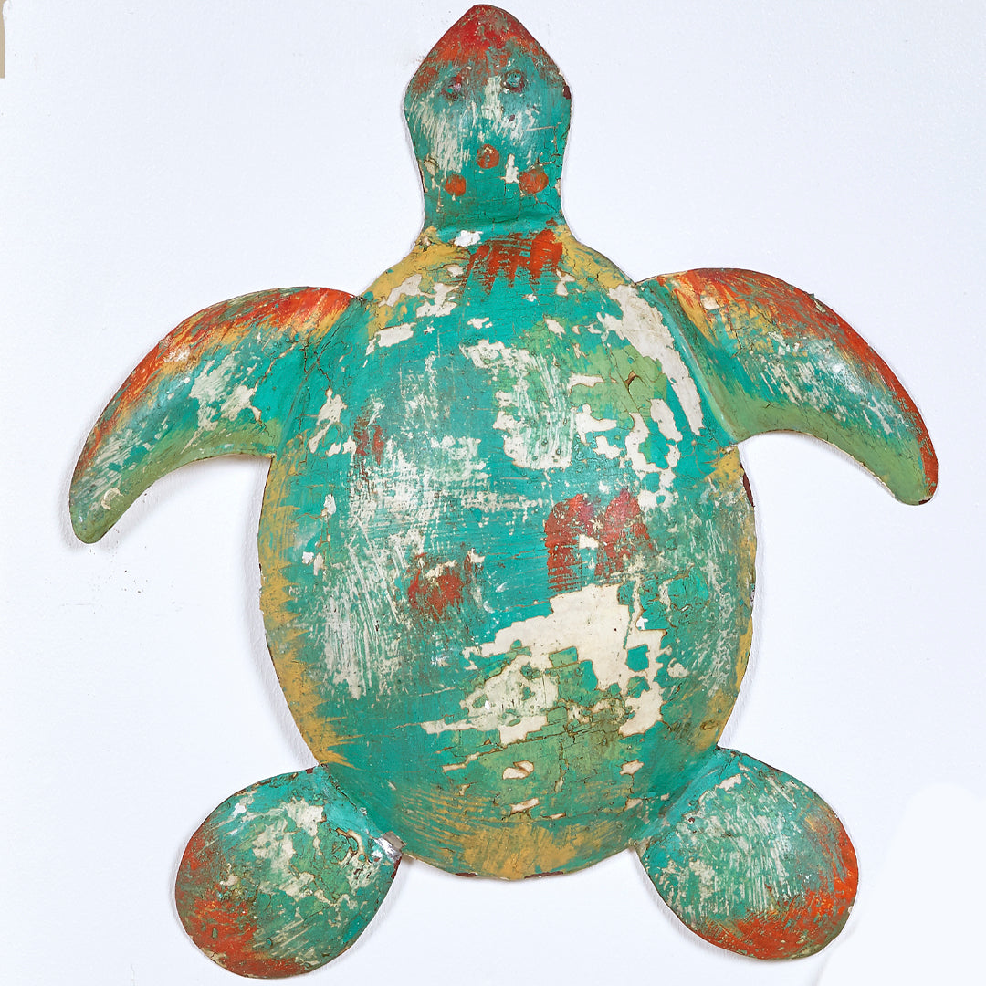 Tortuga de pared decoración de metal en naranja y turquesa efecto vintage