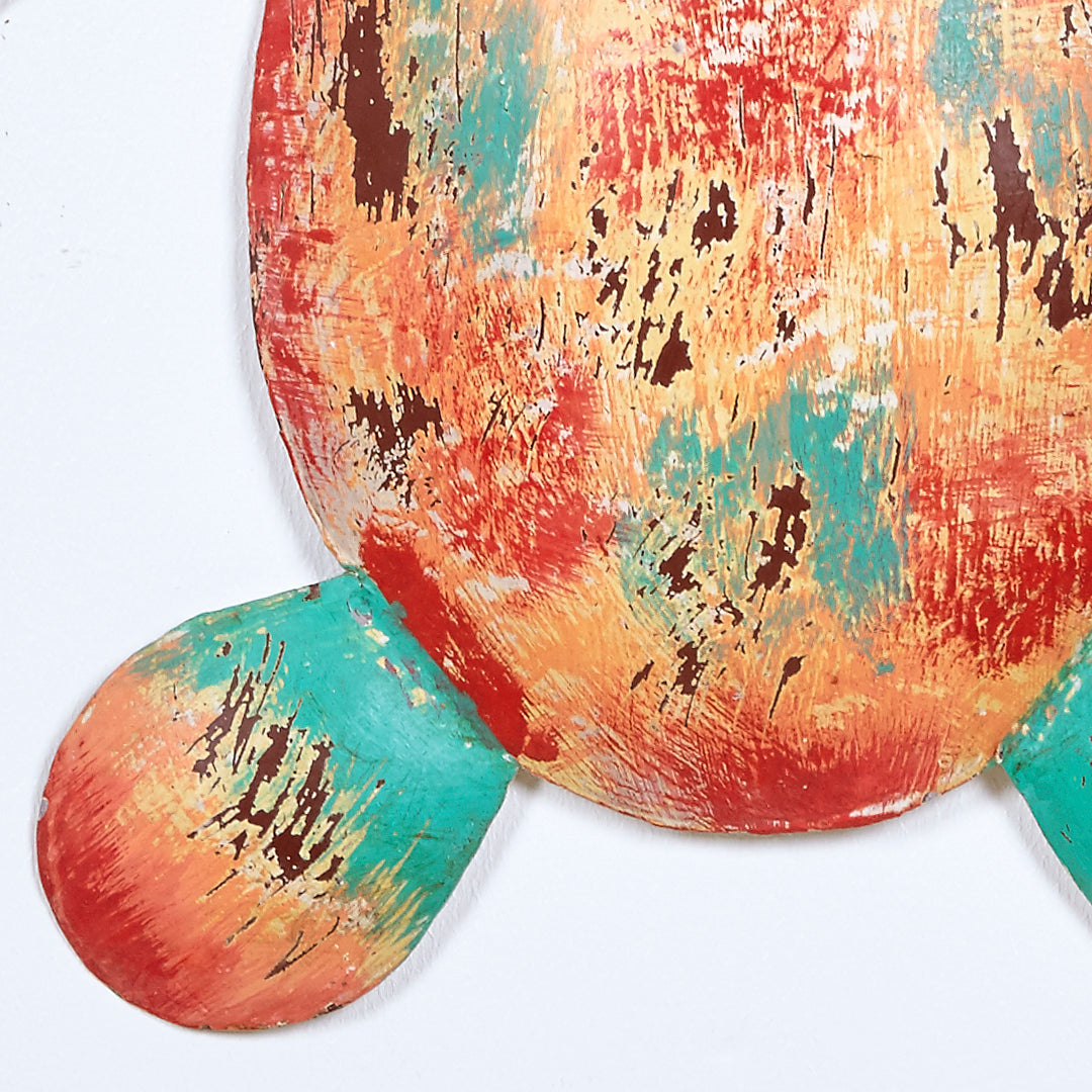 Tortuga de pared decoración de metal en naranja y turquesa efecto vintage