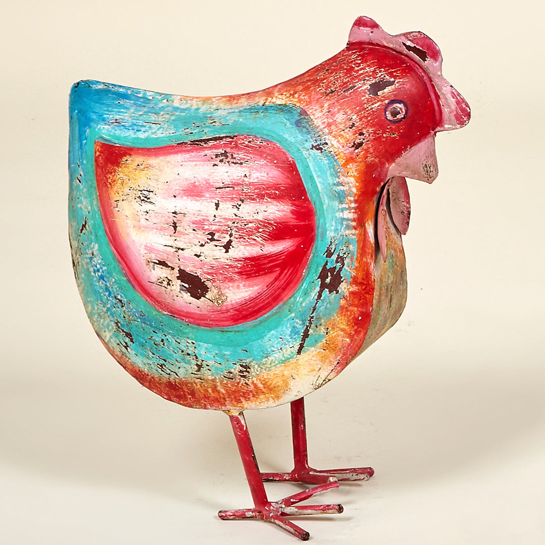 Figura gallina de metal roja y turquesa efecto vintage