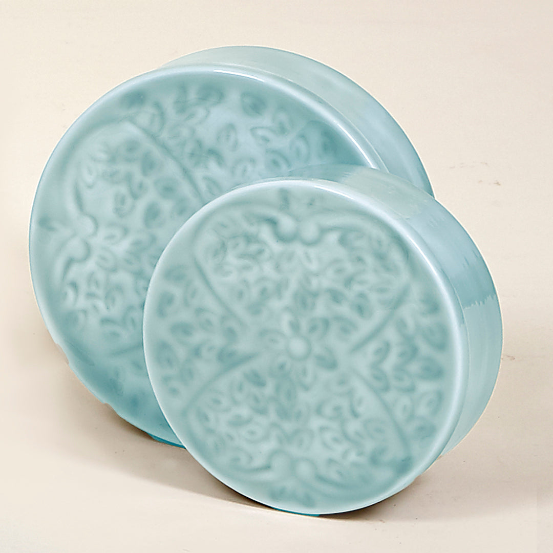 Juego de 2 cajas Grecia con tapa en metal con esmaltado color aqua y color gris