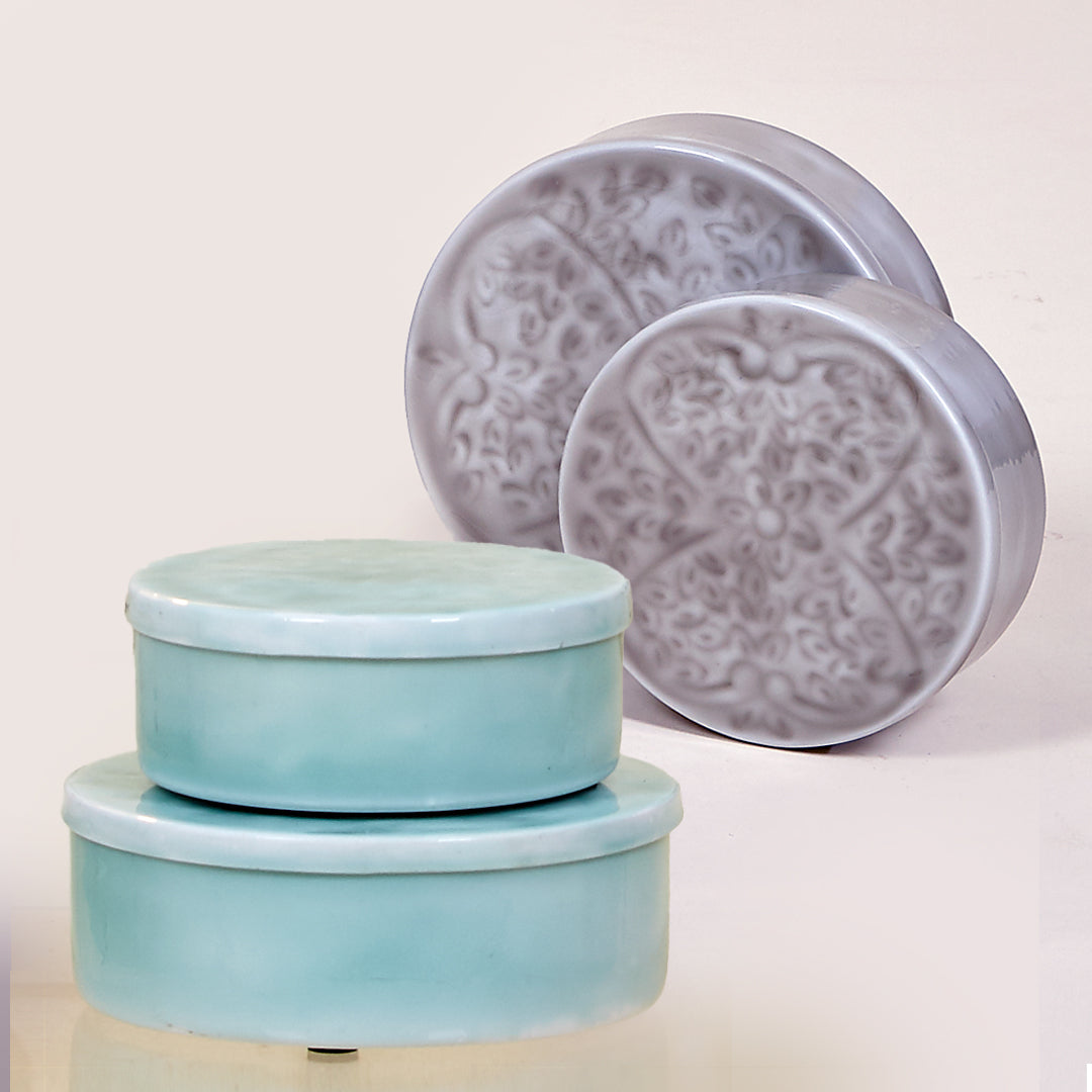 Juego de 2 cajas Grecia con tapa en metal con esmaltado color aqua y color gris