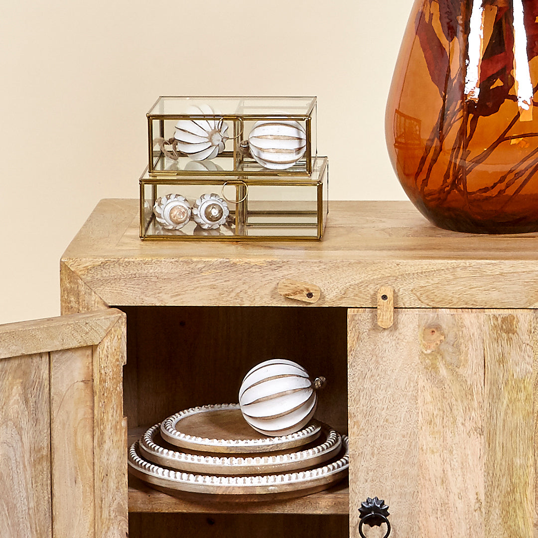 Centro bandeja redonda motivo bolitas madera de mango