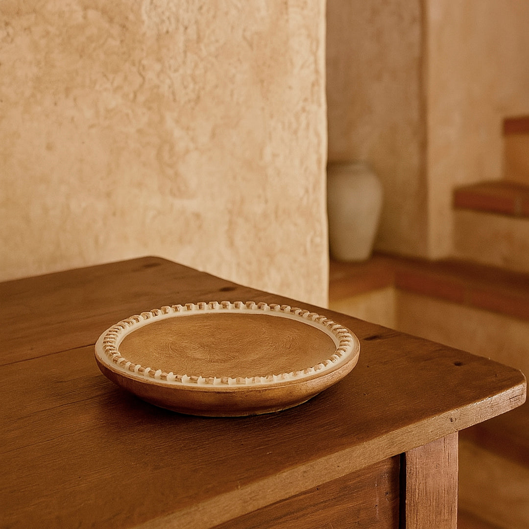 Centro bandeja redonda motivo bolitas madera de mango