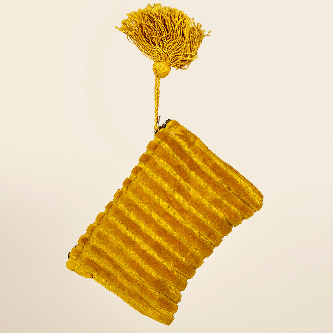 Monedero Gala velvet de terciopelo en mostaza, terracota y gris