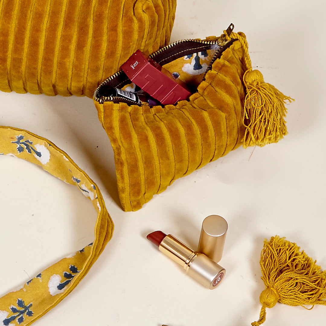 Monedero Gala velvet de terciopelo en mostaza, terracota y gris