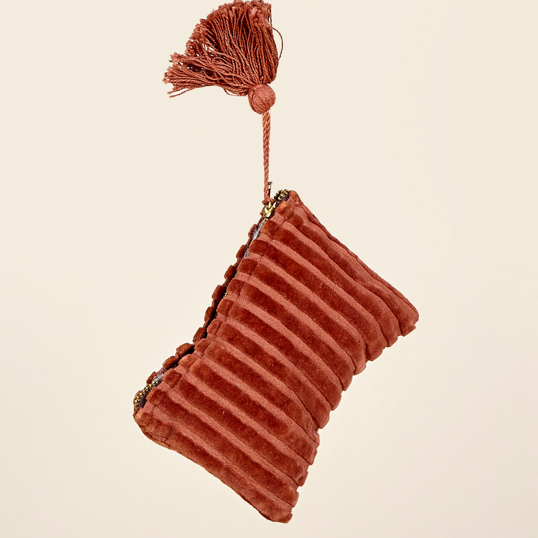 Monedero Gala velvet de terciopelo en mostaza, terracota y gris