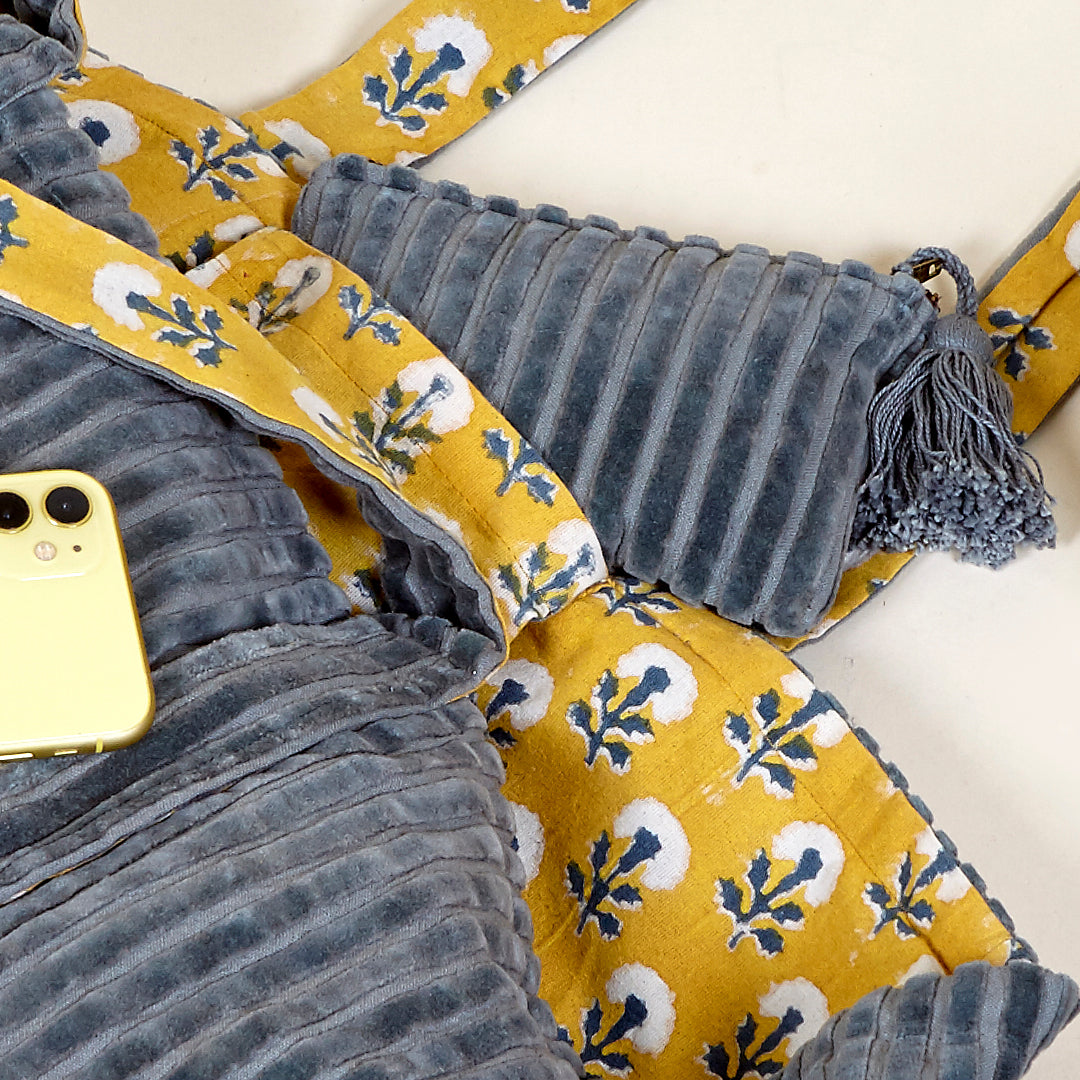 Monedero Gala velvet de terciopelo en mostaza, terracota y gris