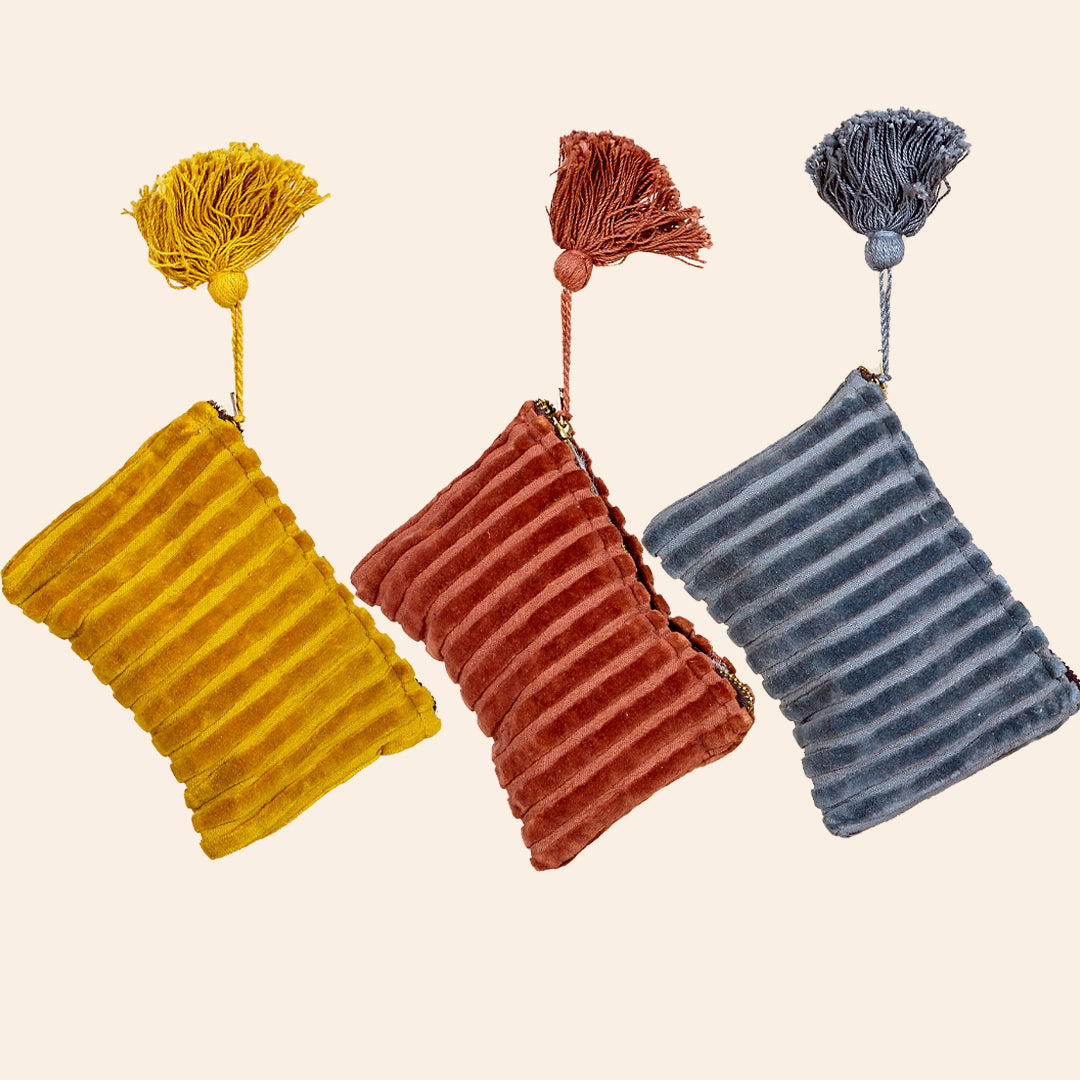 Monedero Gala velvet de terciopelo en mostaza, terracota y gris