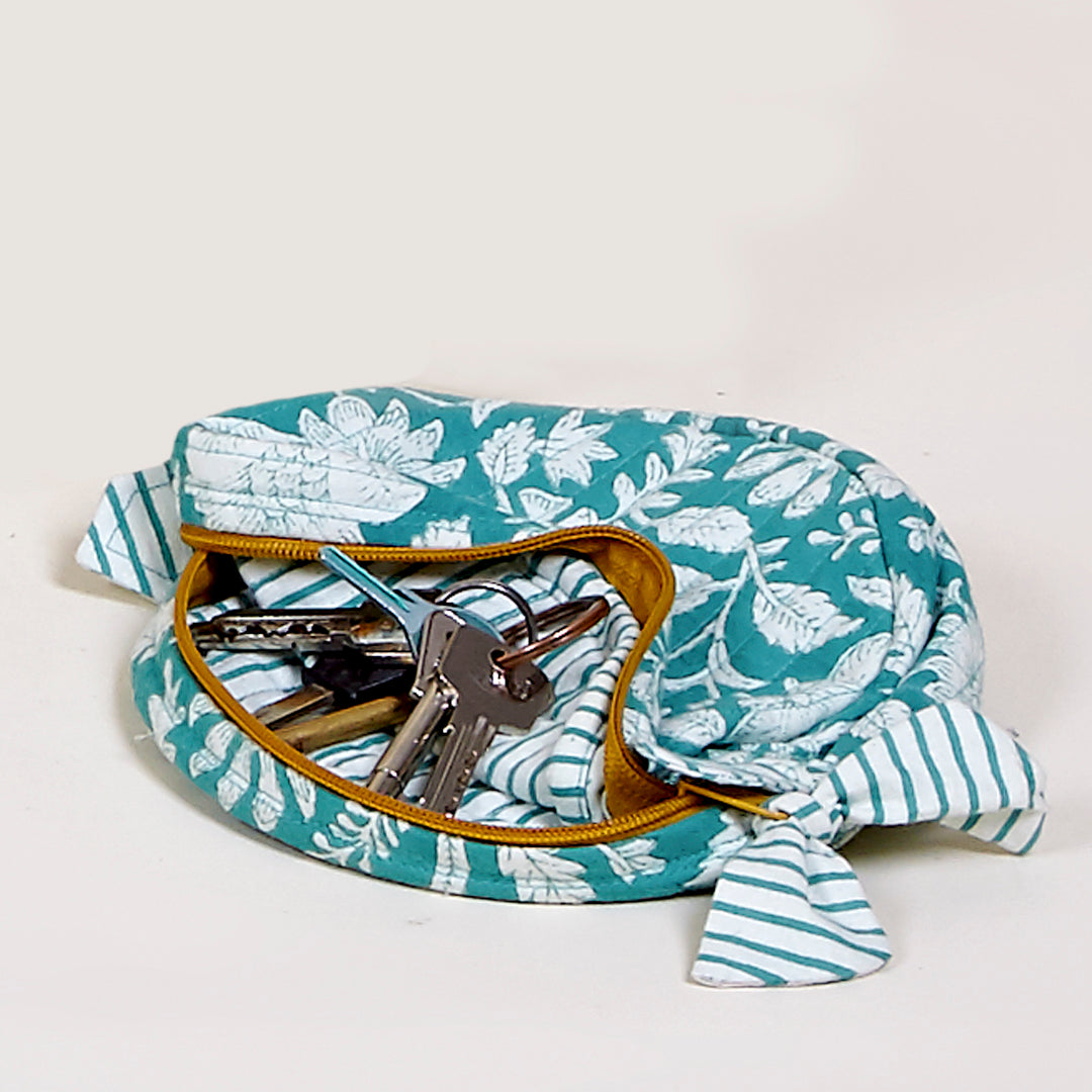 Monedero Rimini flores y rayas de algodón en color turquesa y mostaza