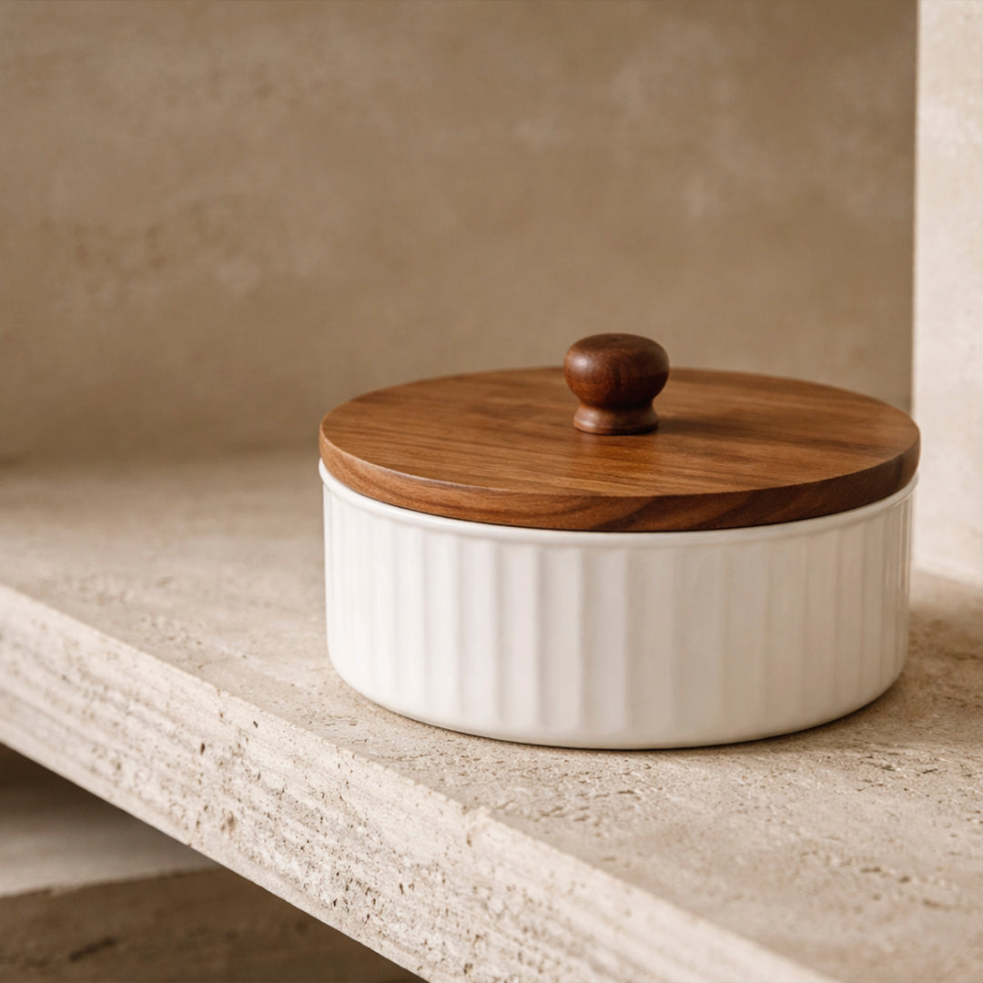 Caja Aura baja de metal blanco con tapa de madera natural decorativa