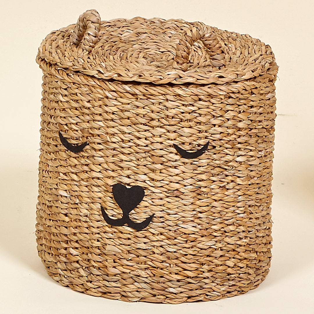 Cesta Oso con tapa y asas de fibra natural Ø25 x H24 cm
