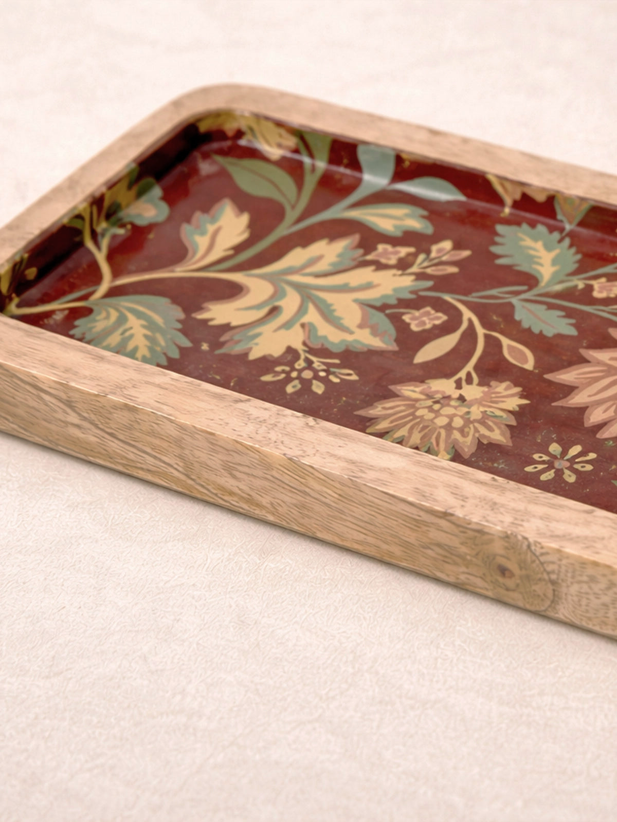 Bandeja Alargada de Madera de Mango 40x10 cm | Bandeja Decorativa Floral Burgundy