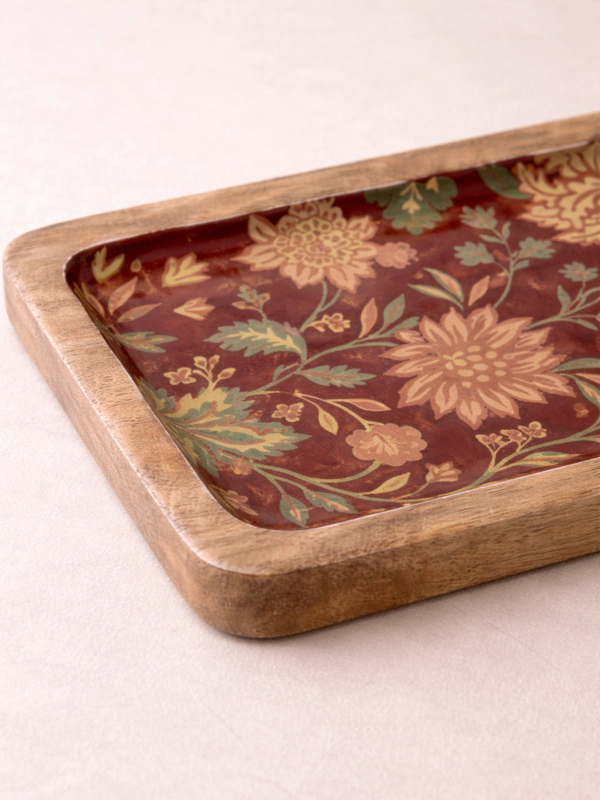 Bandeja Pequeña de Madera de Mango 20x10 cm | Bandeja Decorativa Floral Burgundy