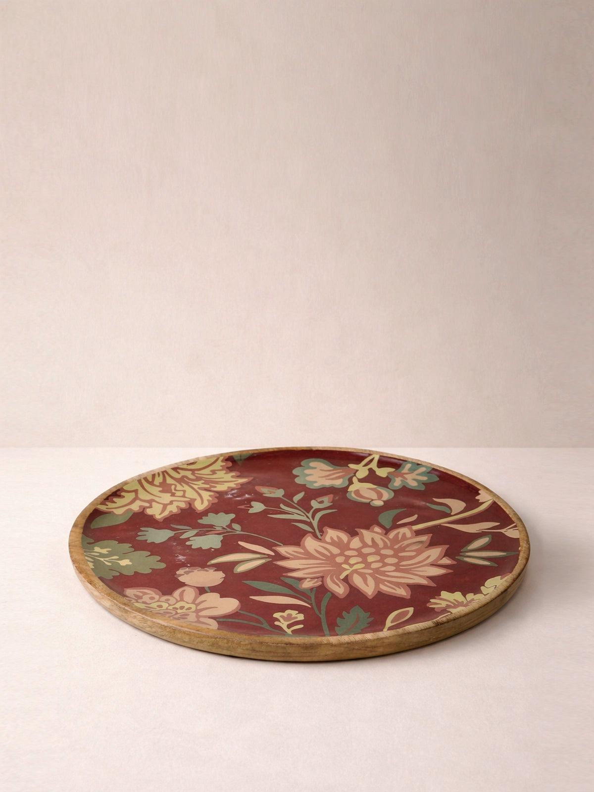 Bandeja Decorativa Floral Burgundy de Madera de Mango | Bandeja Redonda para Servir y Decorar
