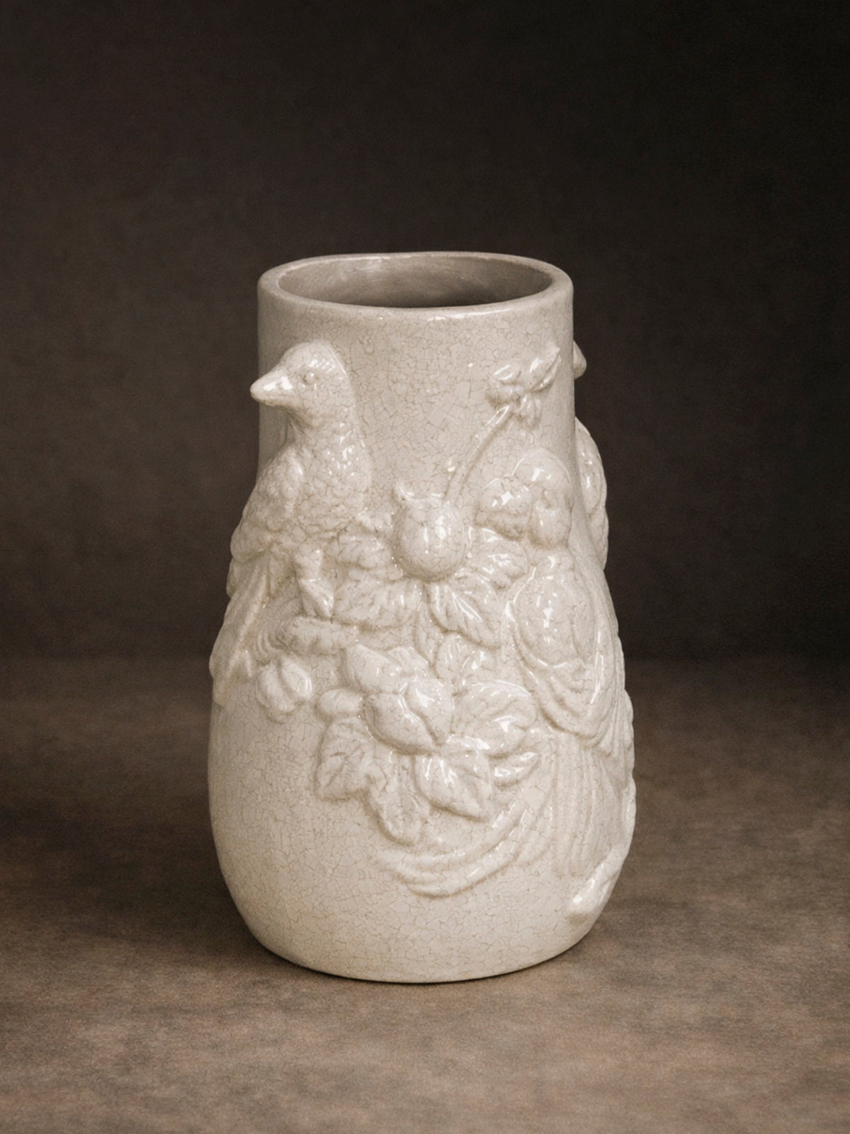 Jarrón Alba de porcelana con relieve de pájaros 13x24 — jarrón decorativo floral