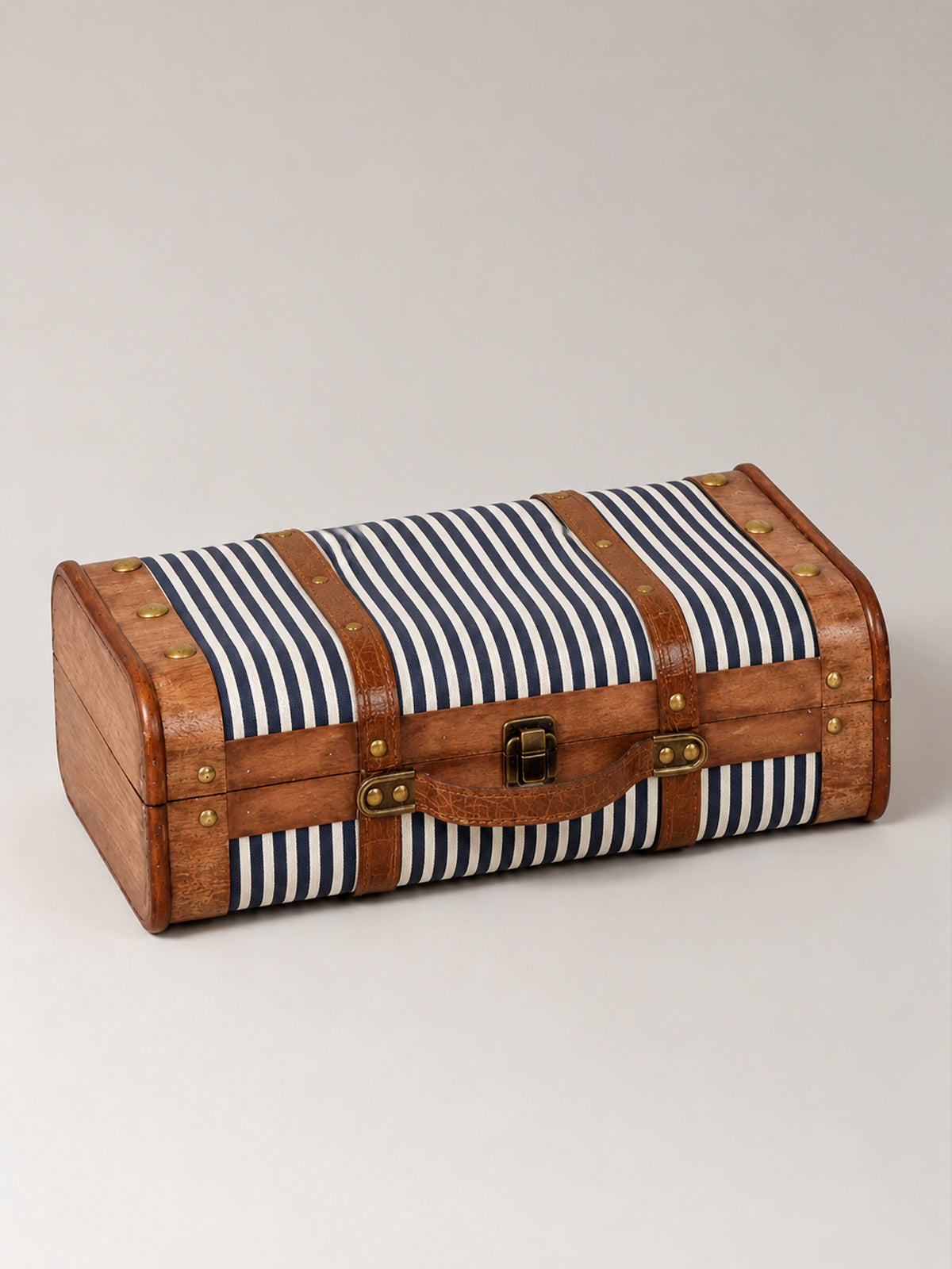 Maleta Decorativa de Madera y Tela de Rayas Azul Marino 38x24x13 cm