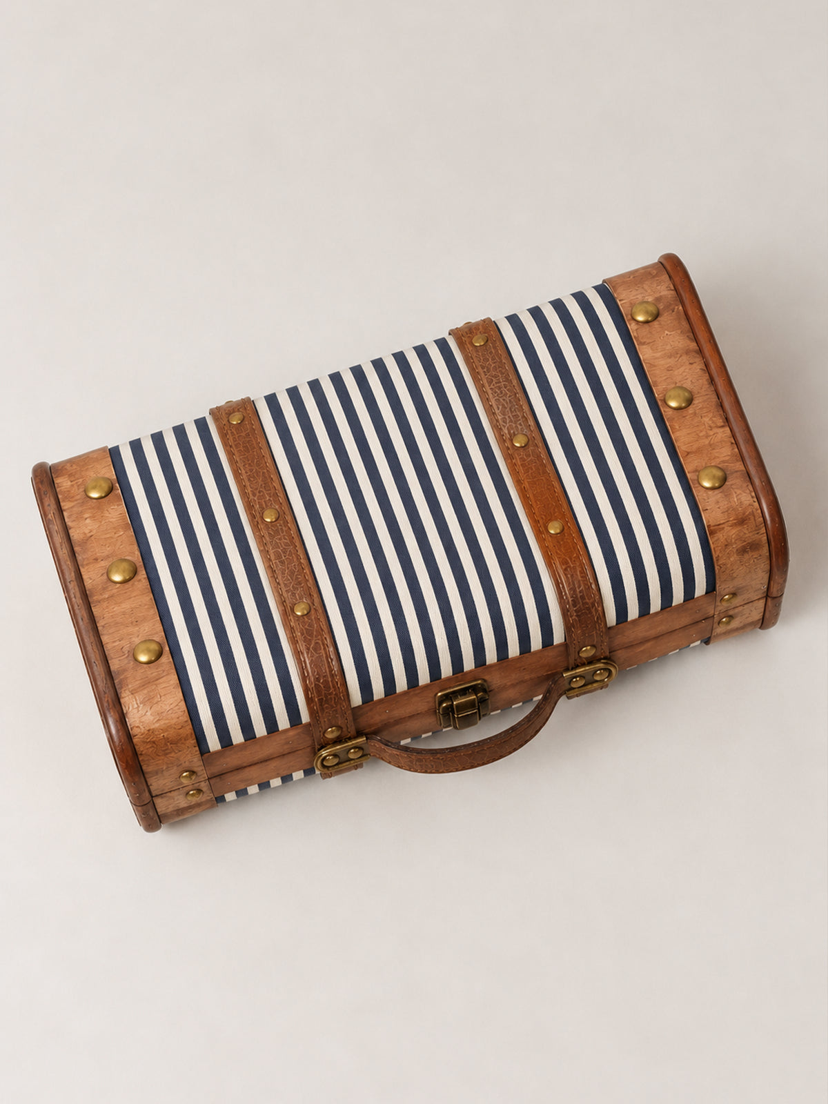 Maleta Decorativa de Madera y Tela de Rayas Azul Marino 38x24x13 cm