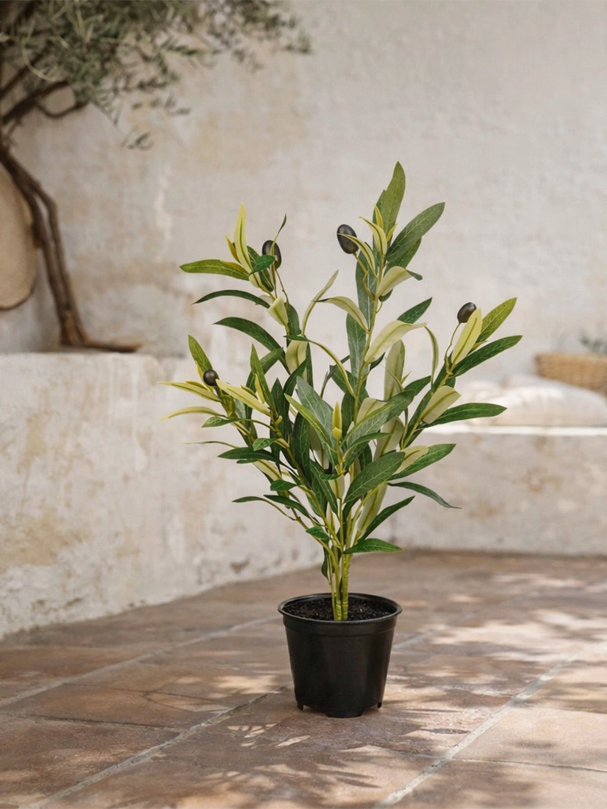 Mini olivo artificial en maceta — decoración mediterránea natural