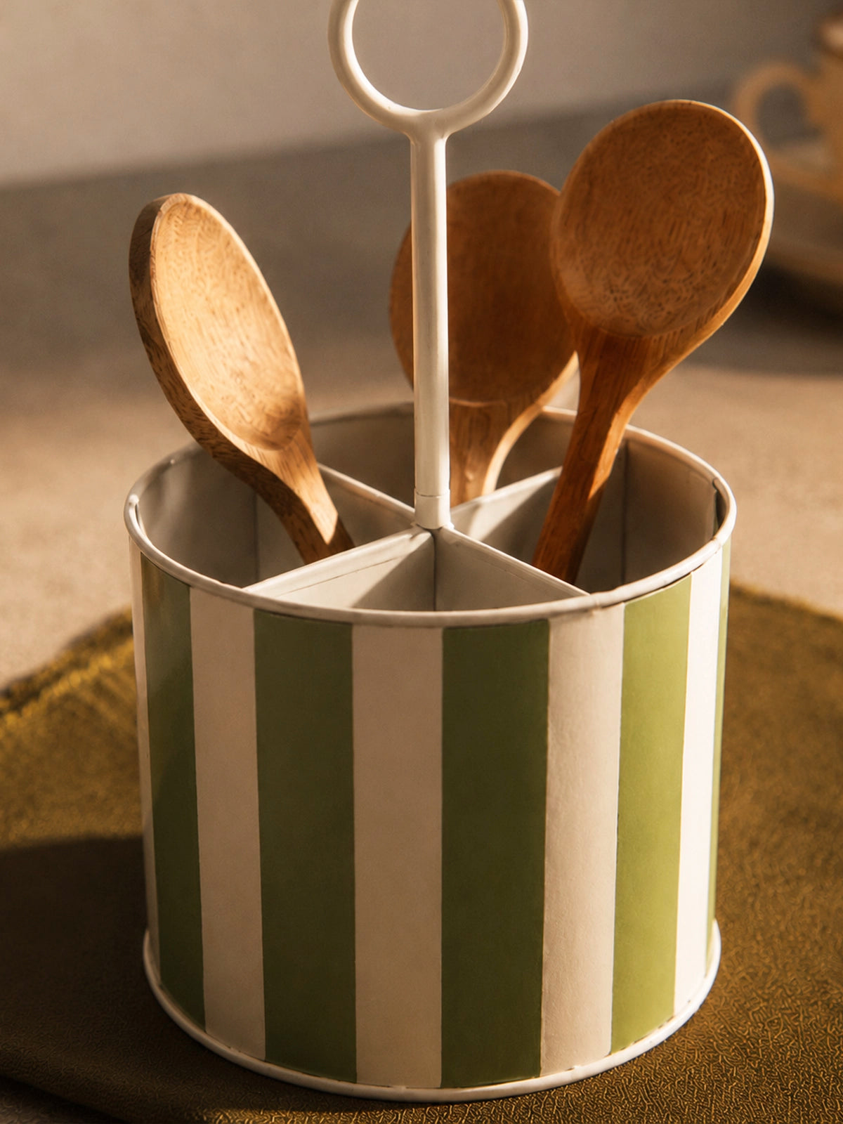 Organizador de Cubiertos de Metal con Rayas Verde Agua y Blanco – Ø15,5 × 33 cm