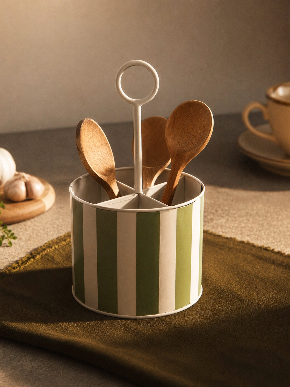 Organizador de Cubiertos de Metal con Rayas Verde Agua y Blanco – Ø15,5 × 33 cm