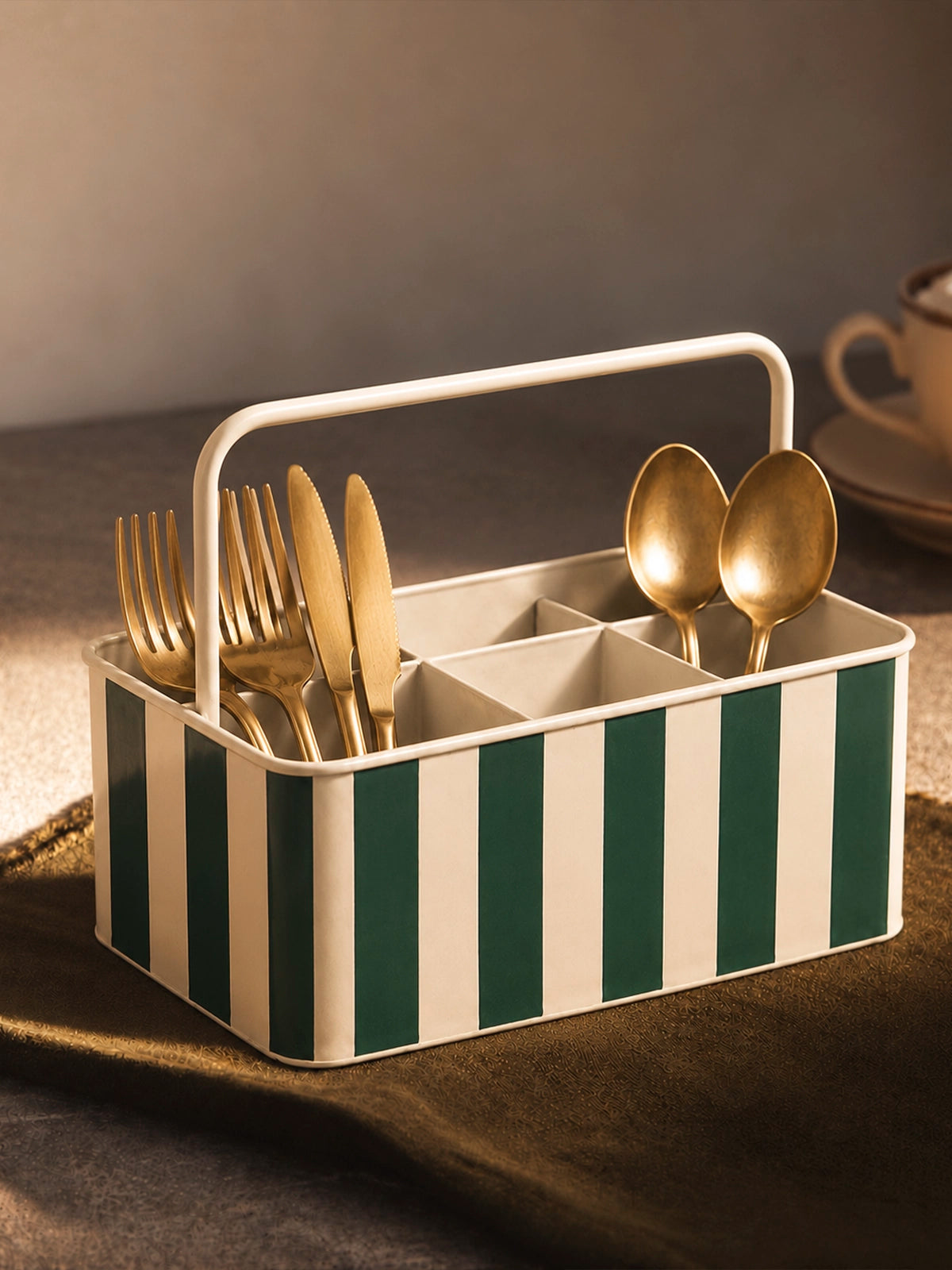 Organizador de Cubiertos de Metal con Rayas Verde Inglés y Blanco – 23 × 16 × 14 cm