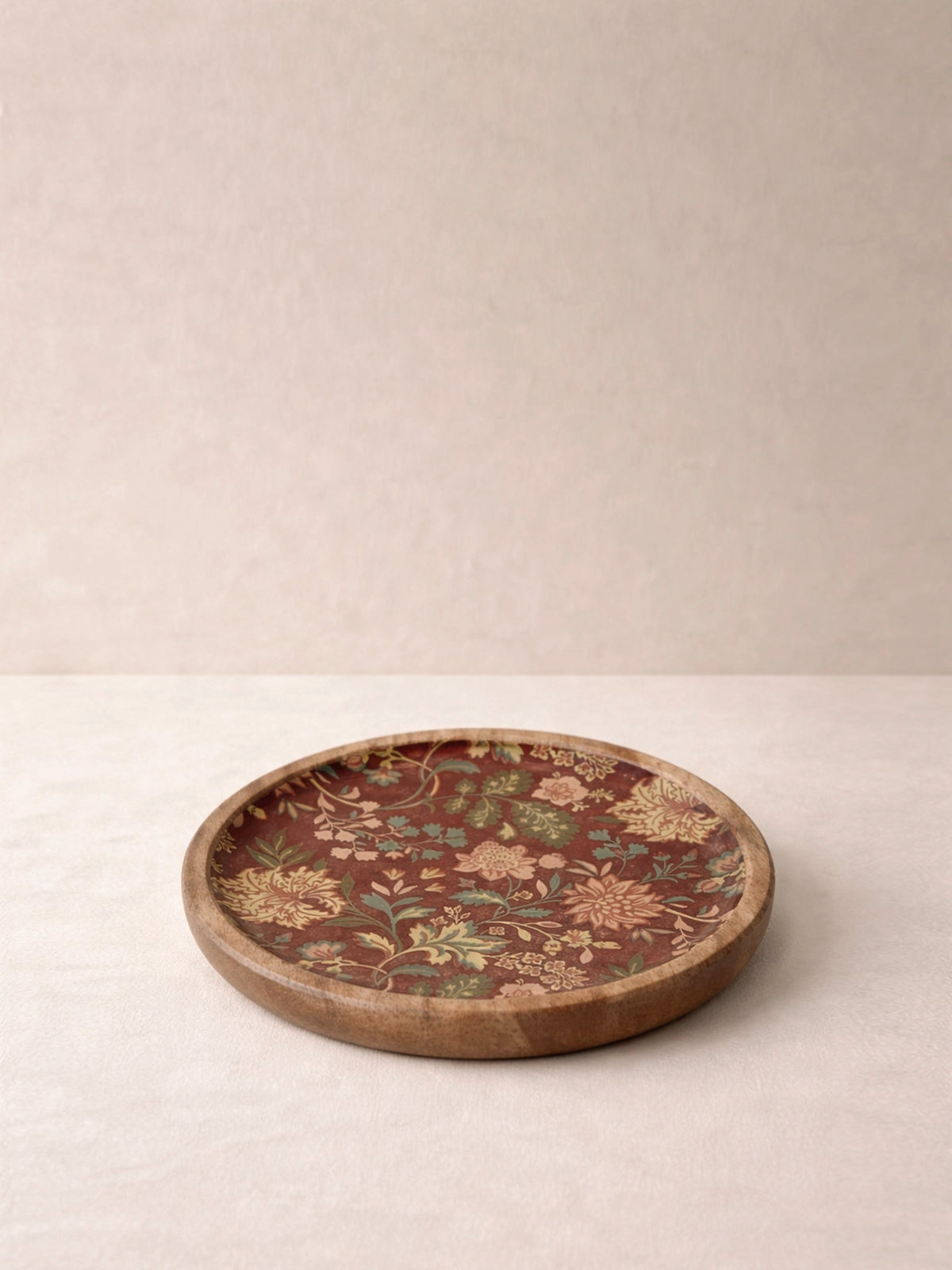 Bandeja Pequeña de Madera de Mango 15 cm | Bandeja Decorativa Floral Burgundy para Joyas y Decoración