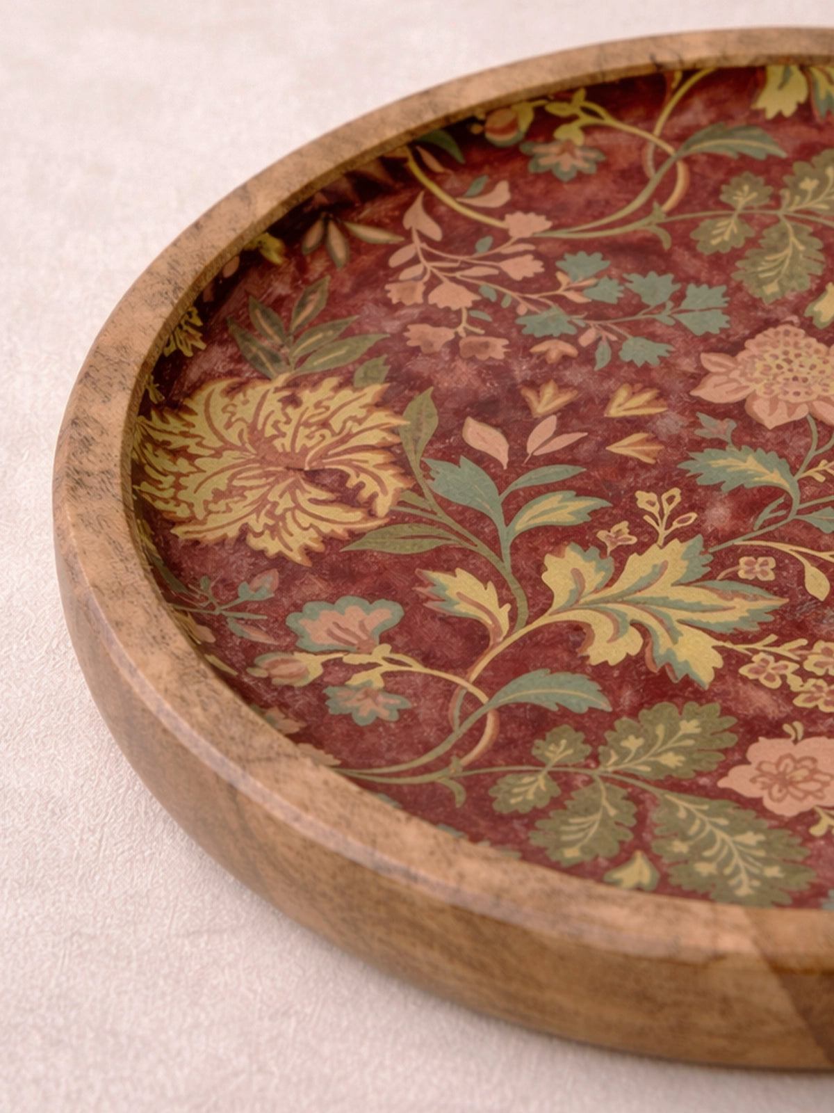 Bandeja Pequeña de Madera de Mango 15 cm | Bandeja Decorativa Floral Burgundy para Joyas y Decoración