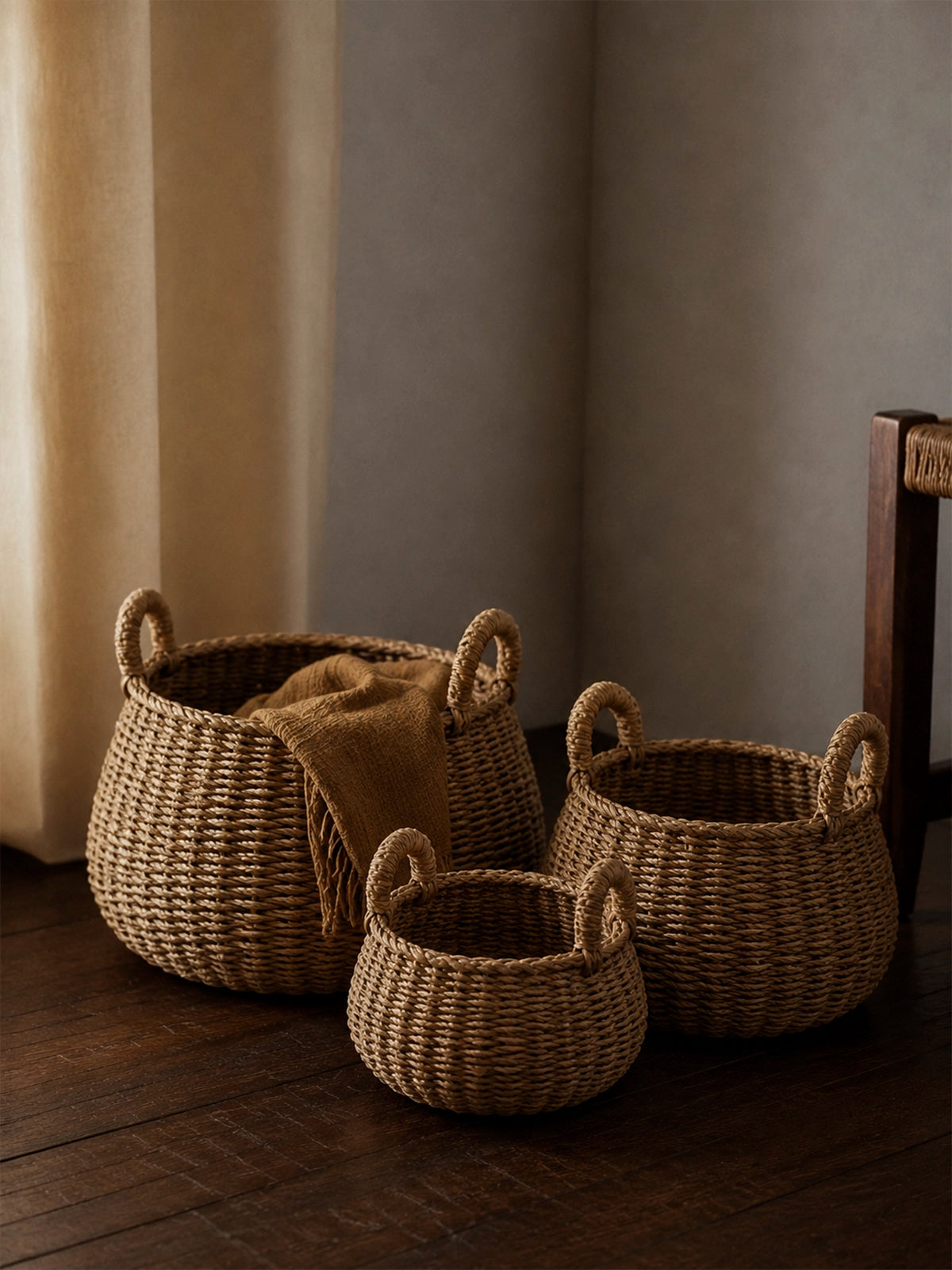 Set de 3 Cestas Redondas de Fibra Natural con Asas | Almacenaje Decorativo