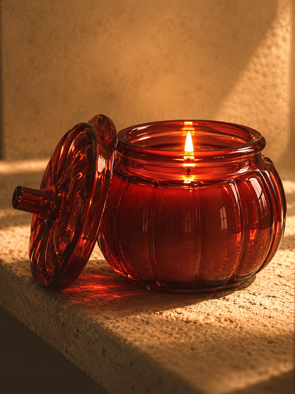 Juego de 3 Velas Calabaza de Cristal – Rojo, Naranja y Verde Oliva