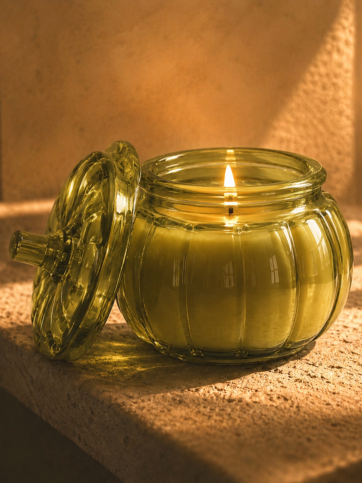 Juego de 3 Velas Calabaza de Cristal – Rojo, Naranja y Verde Oliva