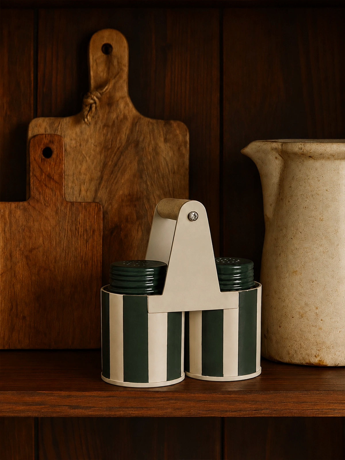 Set Salero y Pimentero de Rayas Verde Inglés y Blanco – 13 × 7 × 15 cm