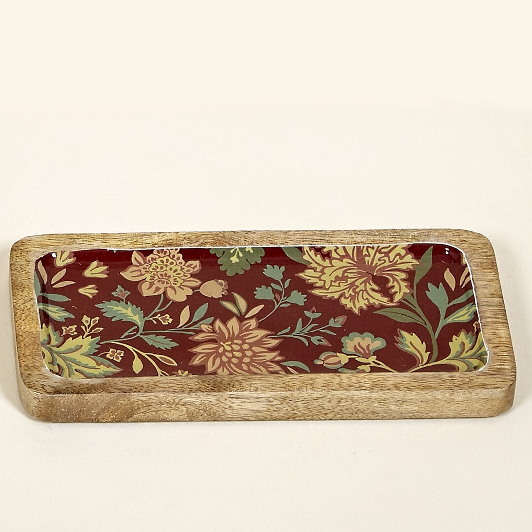Bandeja de madera de mango con estampado de flores en color burdeos