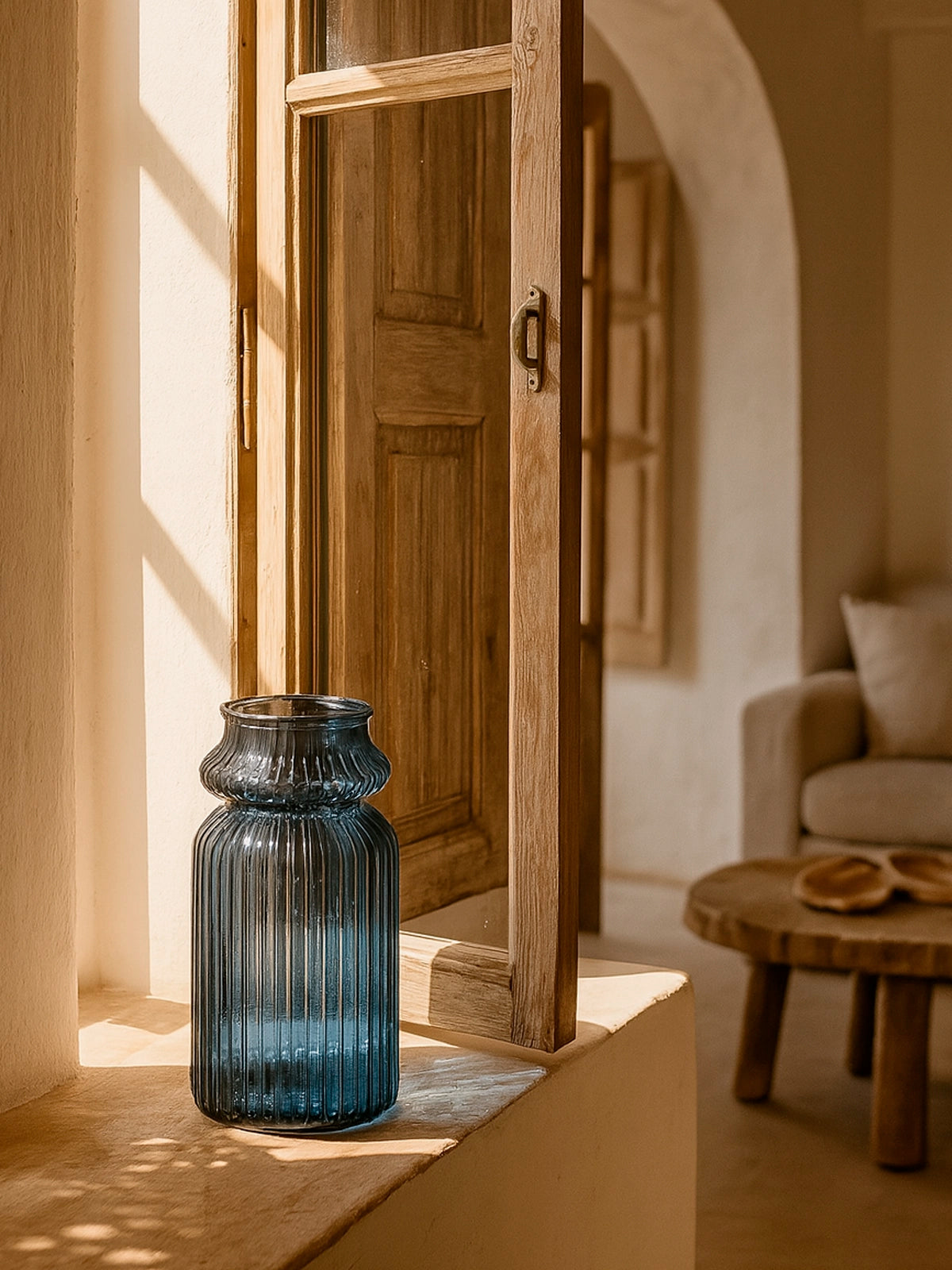 Jarrón azul plomo vidrio reciclado ondas oceano