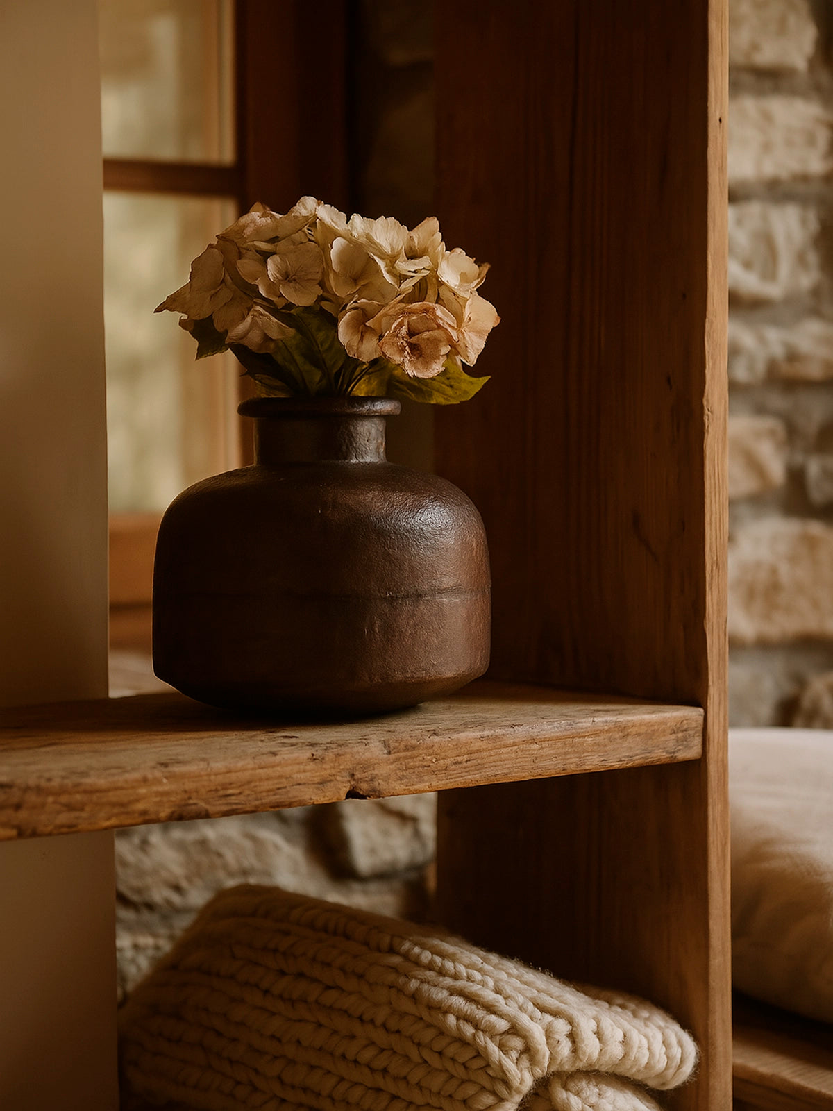 Jarrón decorativo de metal marrón oscuro efecto envejecido — pieza escultórica en tonos tierra