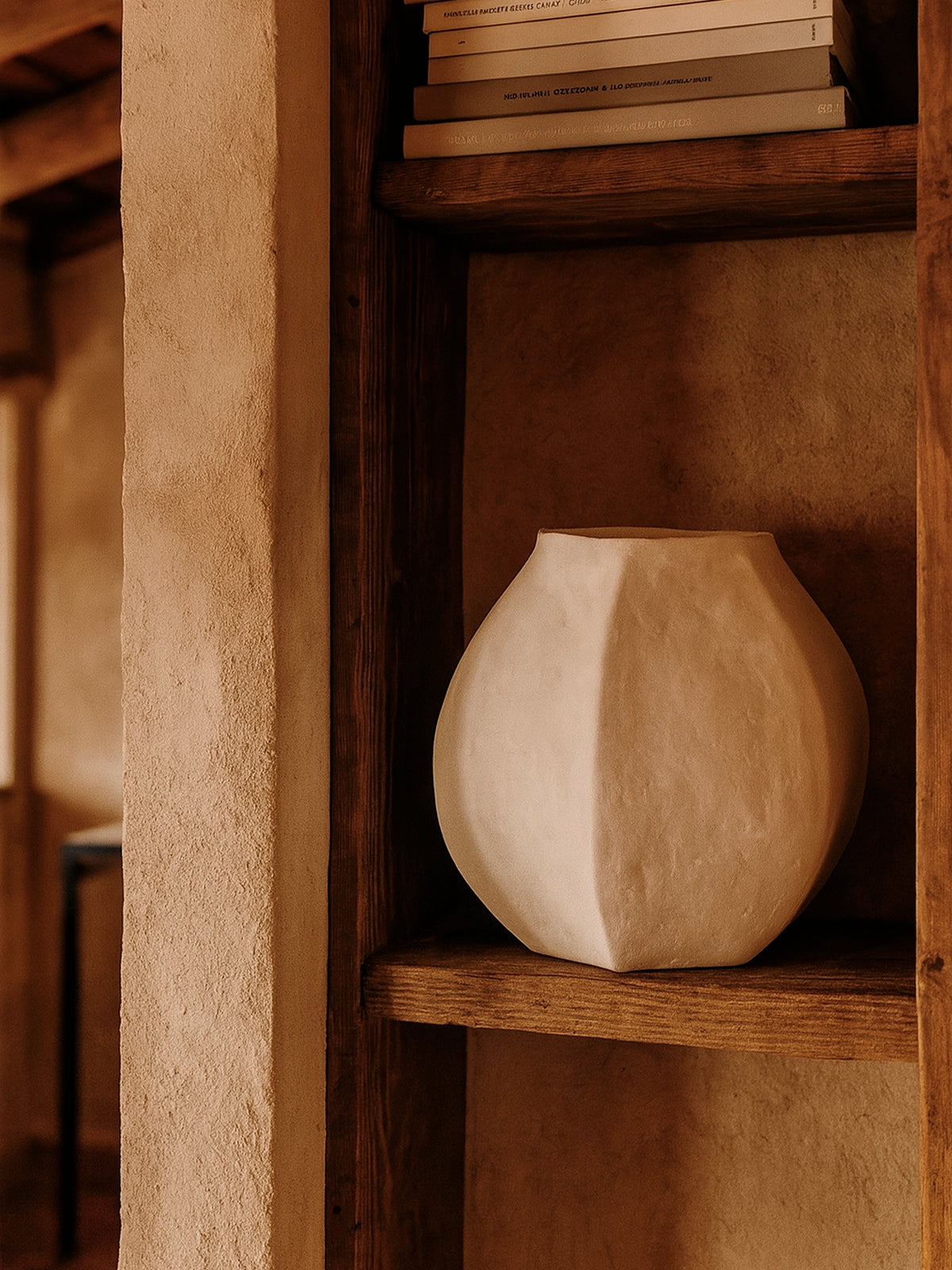 Jarrón de papel maché natural 38x35 cm — jarrón decorativo artesanal en tonos neutros