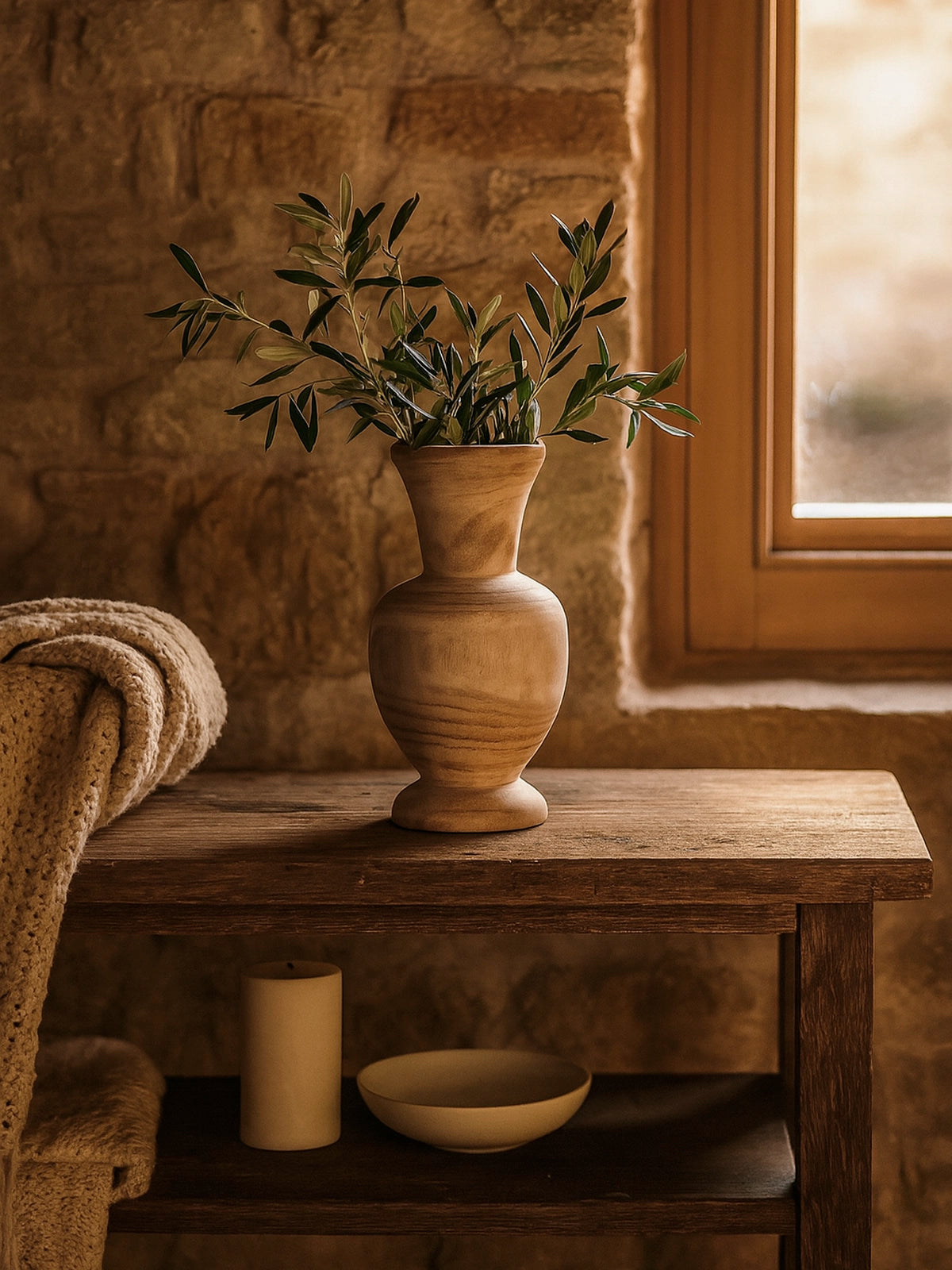 Jarrón decorativo de madera de paulownia en tonos naturales — pieza artesanal para hogar