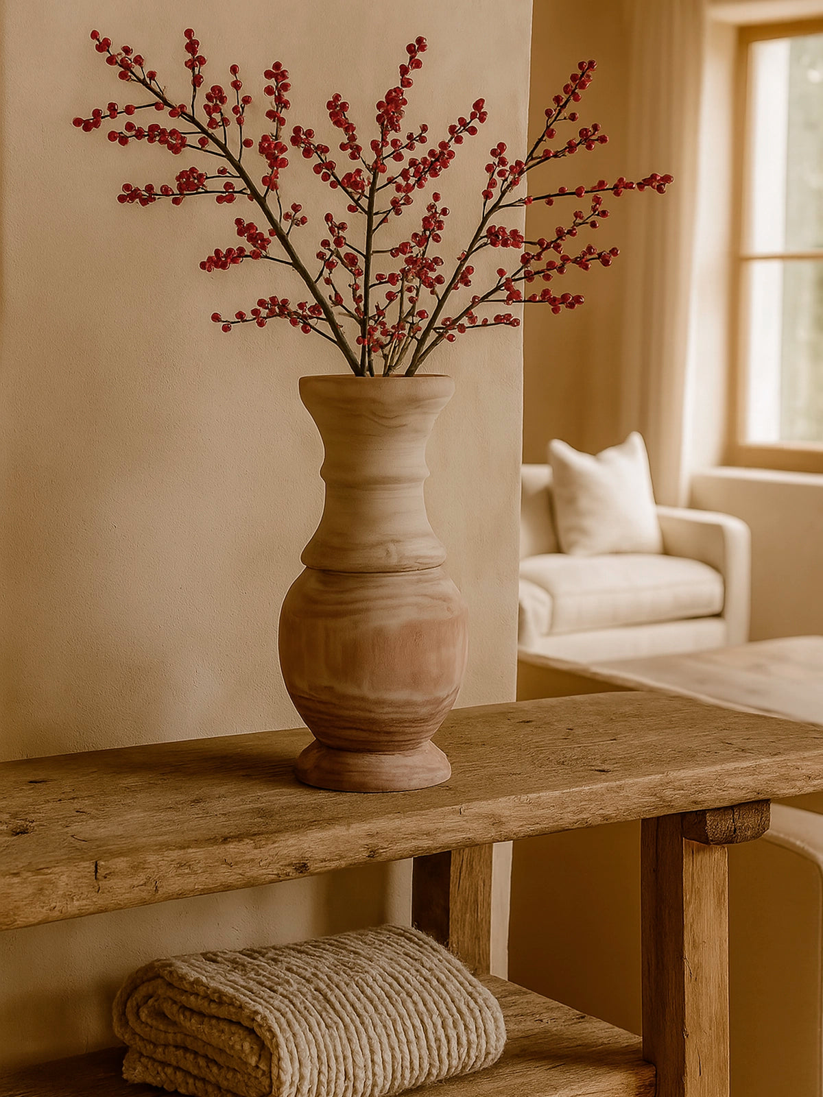 Jarrón Kale alto de madera de paulownia en tonos naturales — decoración orgánica para hogar