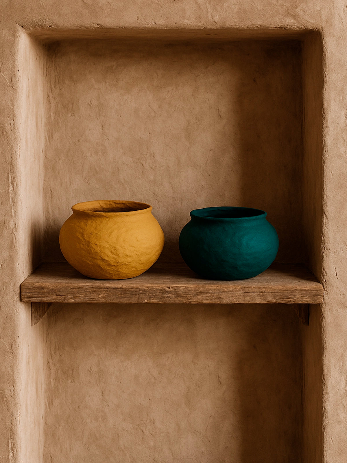 Jarrón de tela maché sostenible en mostaza y verde esmeralda 18x12 cm — jarrón artesanal decorativo