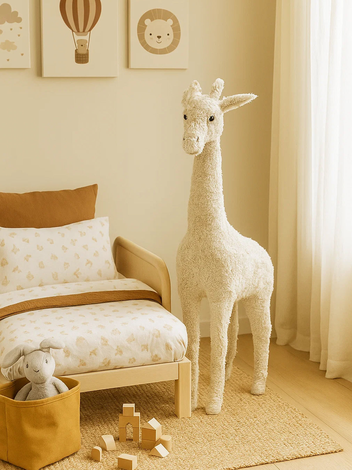 Figura jirafa blanca de borreguito en papel mache y forrada de yute hecha a mano