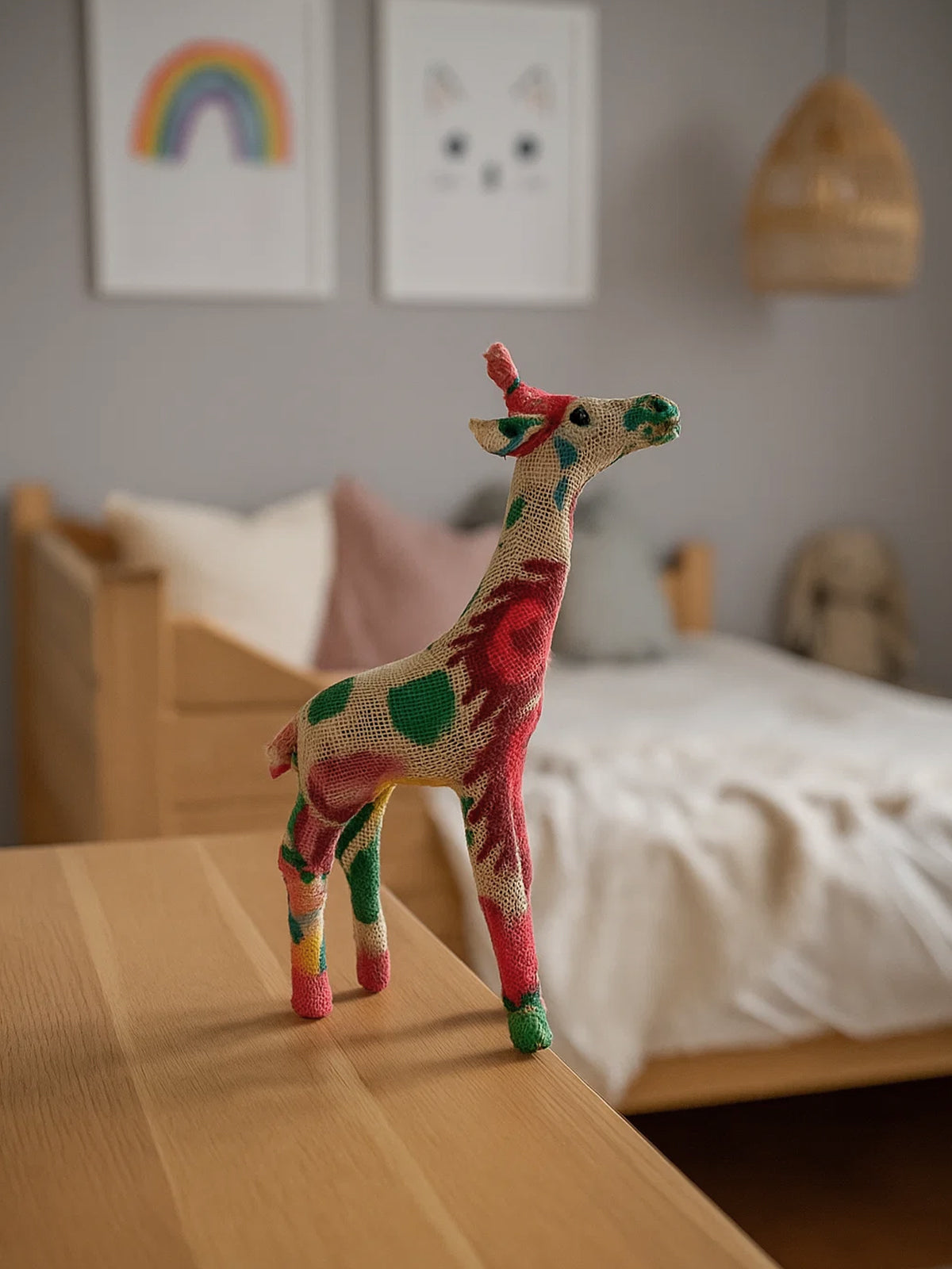 Figura jirafa de flores en papel mache y forrada de yute con tintes naturales hecha a mano